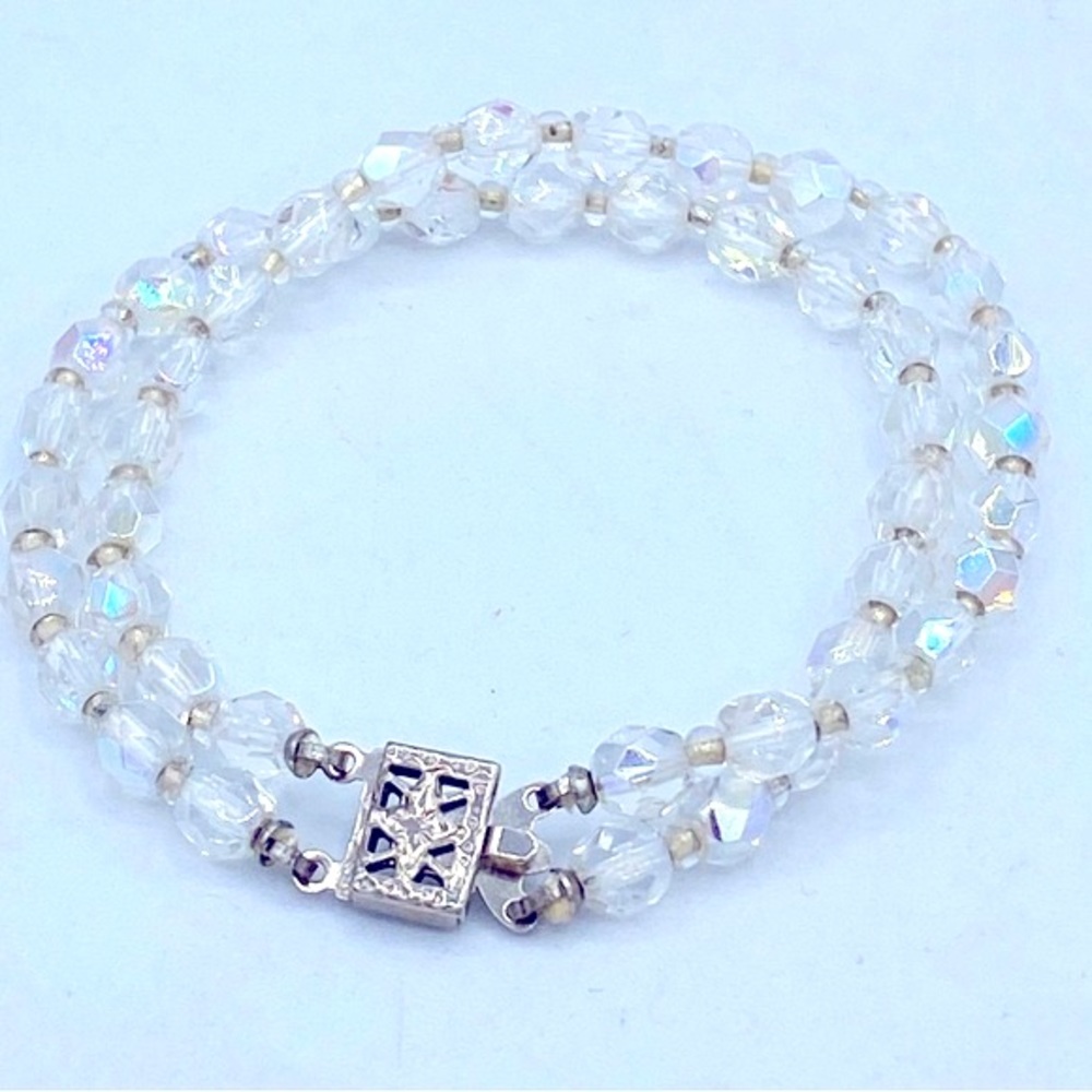 Vintage Sparkling Aurora Borealis Crystal Beaded Double Strand Bracelet  Sz 7